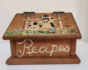 Vtg Hand Painted Handmade Wood Recipe Box 9x5 Cow Calf Farm Pasture Art & Crafts - Picture 1 of 12