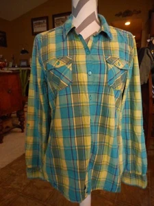 Yellow Aqua Green Plaid Button Collar LEI Shirt Distressed 11/13 Large Womans - Picture 1 of 9