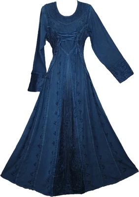 Boho Maxi Dress Winter Festive TURQUOISE Long Sleeve Corset Medieval Embroidered - Image 1 of 4