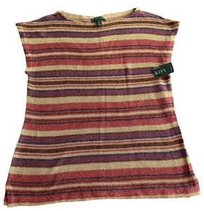 Lauren Ralph Lauren Damen XL gestreifter ärmelloser Strickpullover hellbraun bunt neu mit Etikett - Bild 1 von 5