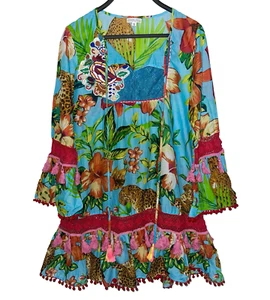 DEBBIE KATZ South Beach Size Small Coverup Dress Floral Tasselled Colorful Boho - Picture 1 of 7