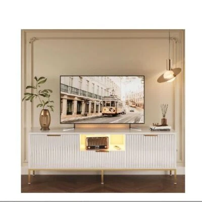  55英寸LED电视支架适用于60英寸以下电视-白色和金色高光泽娱乐中心 — 第 1/3 张图片