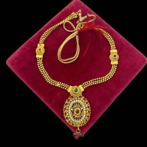 Antique Vintage Art Nouveau Gold Plated Mughal Paste Bead Pendant Necklace 42.7g