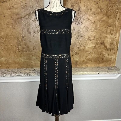 Vestido Tadashi Shoji Mujer XL Pintuck Jersey Encaje Cuello Barco Cóctel Desnudo Negro Foto 1 de 4