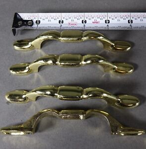Lot of 4 Cabinet Handles Pulls Brass Tone Vintage  5" Long 3" Center to Center