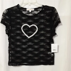 Juniors' Sugar Moon Short Sleeve Black Lace Cropped Tee Size Large - Picture 1 of 3
