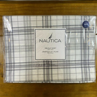 Nueva sábana plana Nautica Varsity Twin gris blanco a cuadros Foto 1 de 4