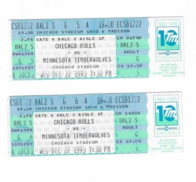 Chicago Bulls vs Minnesota Timberwolves Unused Basketball Tickets 12/22/1993 - Image 1 of 2