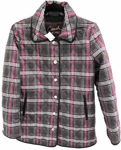 Giacca tampone trapuntata nuova con etichette Coach nera rosa stampa a quadri taglia XS