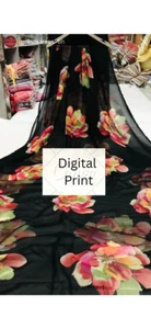 Black Digital Printed Floral Chiffon Saree Party Wear Indian Pakistani Sari - Picture 1 of 1