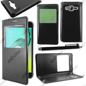 Housse Etui Fen�tre PU Cuir Noir pour Samsung Galaxy J3 2016 SM-J320F + Stylet - Photo 1 sur 1