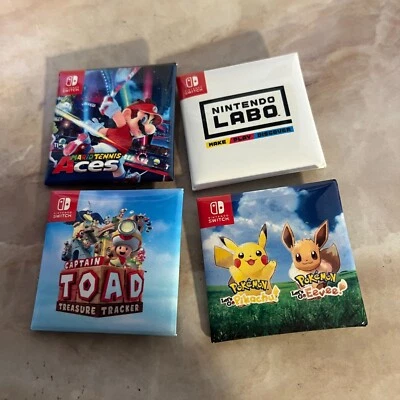 2018 SDCC Comic Con Nintendo 4 Pin Lot - Mario Tennis, Pokemon Let's Go, Toad - Image 1 of 2