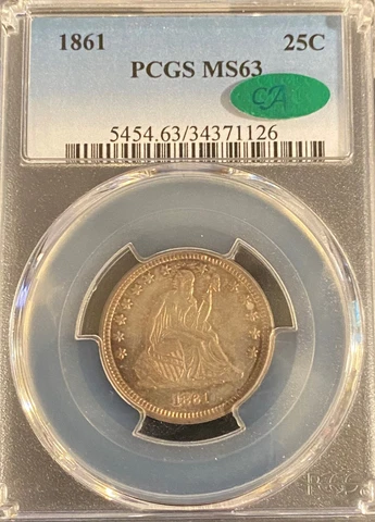 1861 Seated Liberty Quarter PCGS MS63 Cover
