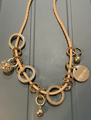 COLLAR DYRBERG KERN-DANÉS-DIJES CHAPADOS EN ORO EXTRAVAGANTE EN CUERO REAL TOSTADO- NUEVO Foto 1 de 4