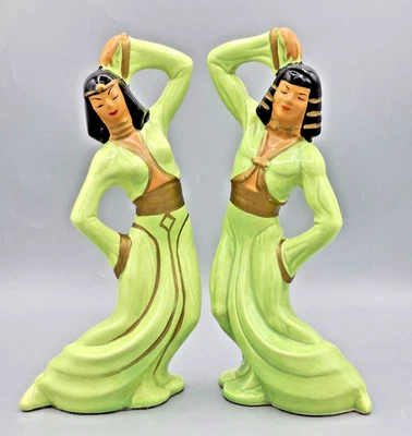 Vintage Egyptian Dancer Figures Ceramic Mid Century Chartreuse & Gold MCM 1950’s - Image 1 of 4