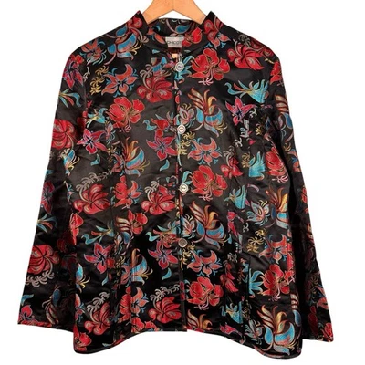 Chicos VTG Silk Blend Asian Mandarin Collar Floral Brocade Jacket Size 2 Large - Image 1 of 4
