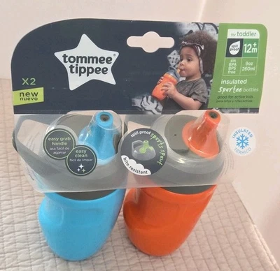 Изолированная бутылка Tommee Tippee Sportee 2 упаковки 9 унций возраст 12+ месяцев синий оранжевый НОВАЯ - Изображение 1 из 4