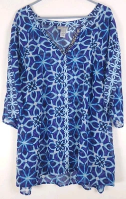 Maggie Barnes for Catherines Tunic Women Plus 2X Sheer Blue Sequined Neck READ - Image 1 of 4