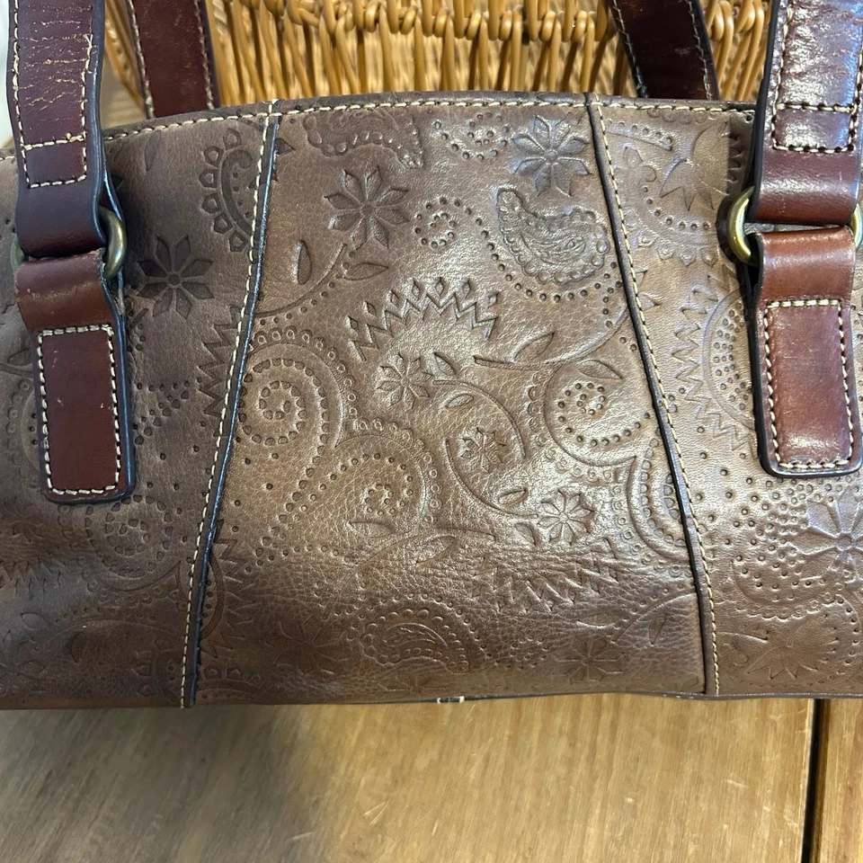 FOSSIL Vintage Leather East West Embossed Paisley Light Brown Dark Handles  - Image 1 of 4