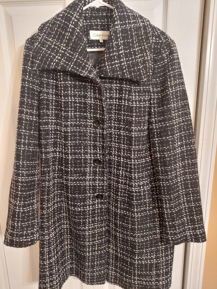 Chaqueta de abrigo para mujer Calvin Klein 10 mezcla de lana larga forrada de tweed negra blanca Foto 1 de 4