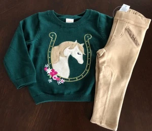 NWT Gymboree Girl Plum Pony Green Pony Sweater & Camel Pants Outfit 6-12-18 - Picture 1 of 8