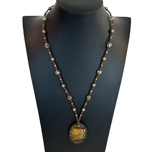 Handmade Natural Tigers Eye Necklace Bohemian Macrame Pendant Healing Stone READ - Picture 1 of 19
