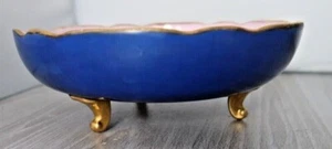Vintage Keramik Fußschale Schmuckschale rosa blau & Goldrand - Bild 1 von 12