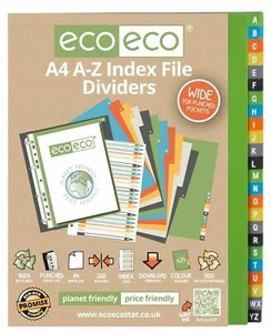 eco eco A4 A-Z File Dividers Extra Wide Plastic Index Coloured Tabs 50% Recycled - Picture 1 of 3