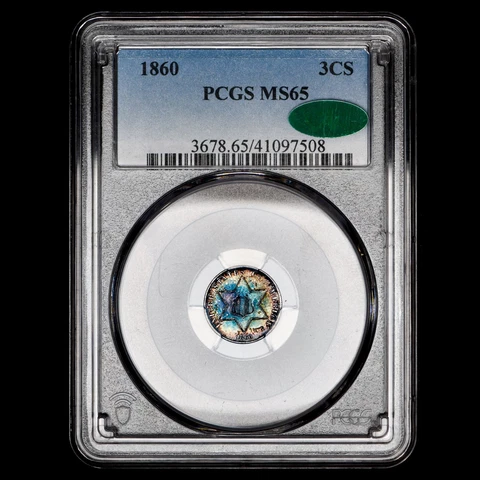 1860 3 CENT SILVER ✪ PCGS MS-65 CAC ✪ 3CS 3C RAINBOW TONED COIN TONING ◢TRUSTED◣ Cover