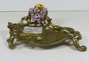 VTG 1950s Art Nouveau Solid Brass Footed Inkwell Desk Decor - Picture 1 of 10