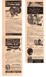 1937 CREEK CHUB "DINGBAT", ZEPHYR REEL PRINT AD LOT OF 3, FISHING GEAR AD LOT - Picture 1 of 3