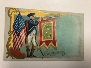 Fourth of July Greetings Postcard ~Flag-Minuteman Playing Bugle ~PC40 - Picture 1 of 9