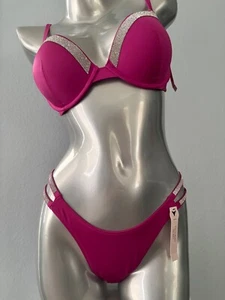 Victoria's Secret Swim Suit Bikini Set Push Up Top Brazilian Bottom Shine Strap - Picture 1 of 5