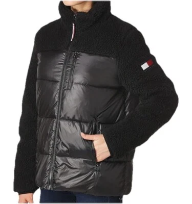 CHAQUETA Tommy Hilfiger Mujer Sherpa Mixed Media Puffer Negra Logo L Foto 1 de 4