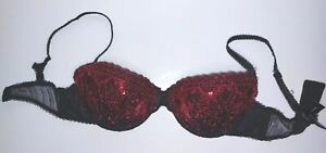Fredericks of Hollywood 34C Bra Intimates Goth Punk Red Black w/ Sequins Lace