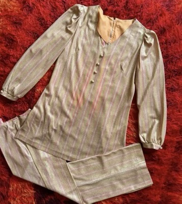 60s Vintage Candy Stripe Sparkle Lurex Tunic/Dress Trouser Suit Mod GoGo Psych - Image 1 of 4