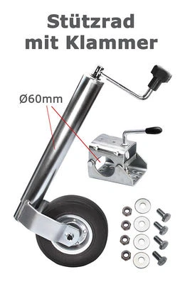 Schwerlast Stützrad 300 kg Ø 60 mm + Klemmhalter Klemmschelle + Schraubensatz - Bild 1 von 4