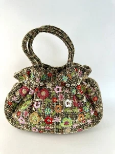 Vintage Y2K Style Leko London Small Tweed Fabric Bag Floral Bead Embroidery - Picture 1 of 23