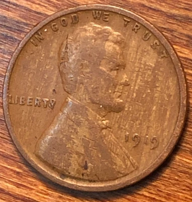 Lincoln Wheat Cent 1919 Laminación Planchet defectuoso Leñoso Aleación incorrecta Error Foto 1 de 4