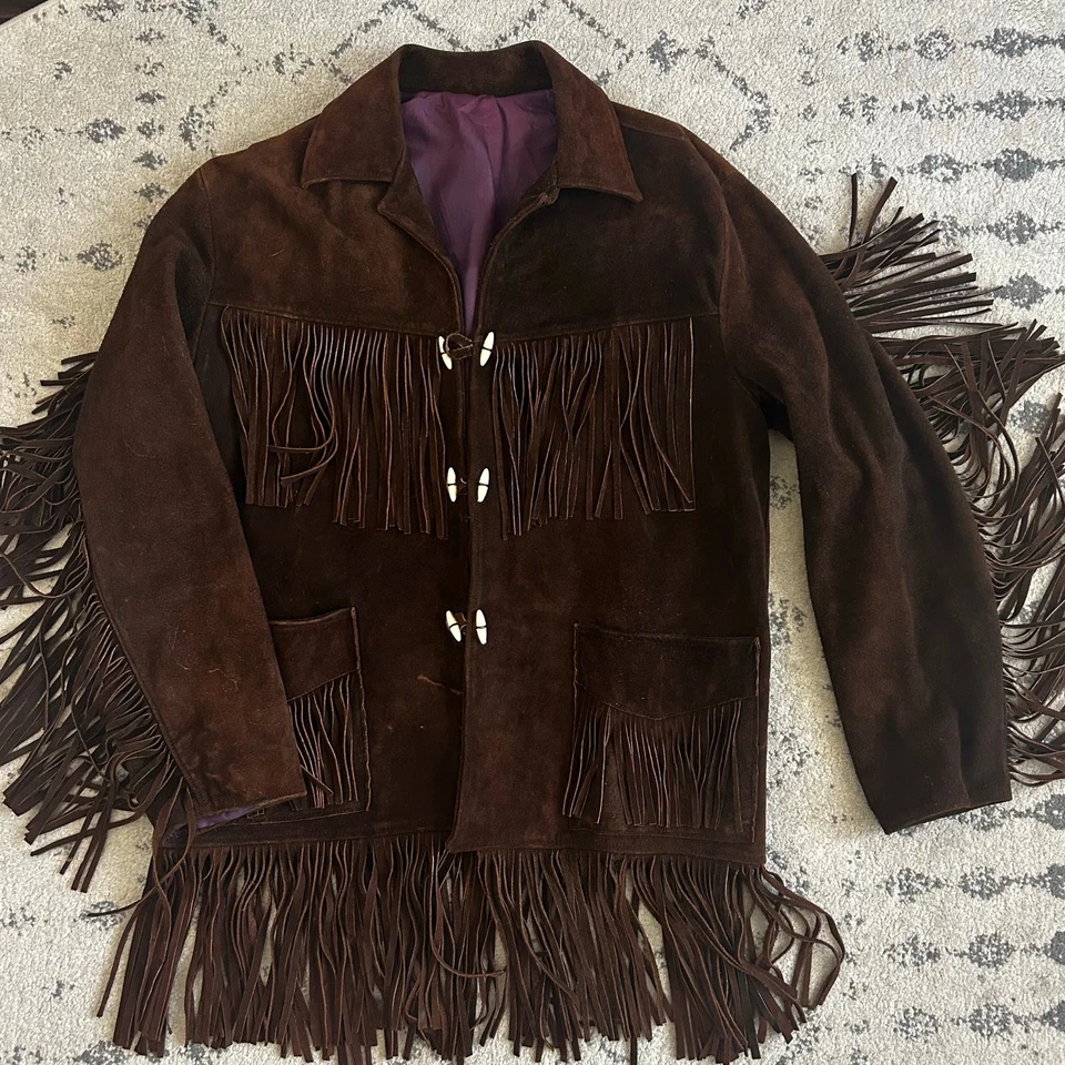 Chaqueta de Cuero Marrón Chocolate Vintage Gamuza Flecos Western Boho XL/2XL *Defecto* Foto 1 de 4