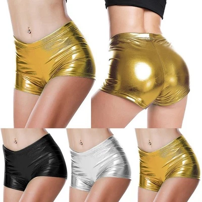 Pantaloni corti caldi pantaloncini festa sexy tinta unita donna lucido costume mini - Immagine 1 di 4