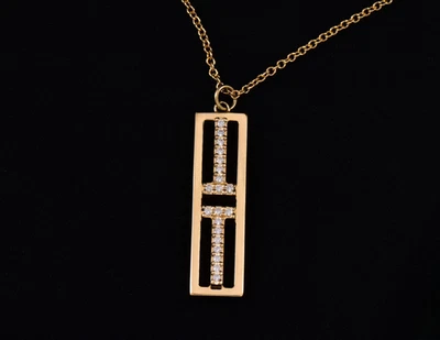 Tiffany & Co Diamond 18K Yellow Gold T Open Bar Pendant Necklace in Box Rare - Image 1 of 4