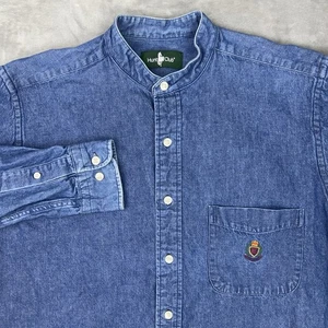 Vintage HUNT CLUB Denim Collarless Shirt Men's Large Long Sleeve Button Up Blue - Picture 1 of 20