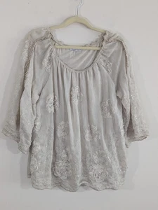 Tempo Paris Elfenbein Boho Tunika 3D Blumen Pailletten fließend Fee 3/4 Arm Gr. L - Bild 1 von 11