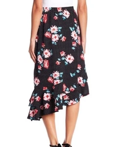 Neu mit Etikett Bobeau Damenrock asymmetrisch Rüschensaum Midi schwarz Punkte Blumenmuster Small - Bild 1 von 7