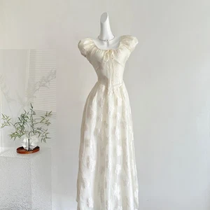 Women French Puffed Sleeve Cinched Waist Dress Long A-Line Dress White - Picture 1 of 10