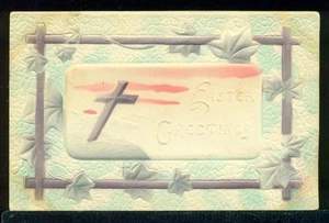 OSTERGRÜSSE schwer geprägtes Hochrelief Kreuz Efeu Vintage Postkarte - Bild 1 von 1