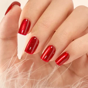 SHORT *BRIGHT RED CAT EYE* Shimmer Transp Full Cover 24 Nails Press On Glue Set! - Picture 1 of 4