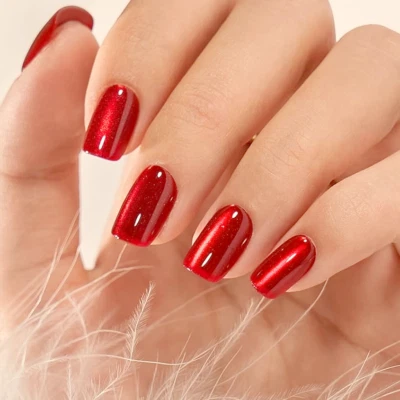 CORTO *OJO DE GATO ROJO BRILLANTE* Brillo Transp Cubierta Completa 24 Uñas ¡Juego de Pegamento Prensado! Foto 1 de 4