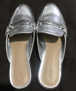 M&S UK SIZE 3 SILVER SANDALS SLIP ON PLATFORM SHOES SLIDES - Picture 1 of 4